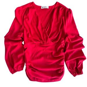 Grace Karin Red Surplice V-Neck Long Puff Sleeve Ruched Bodice Top Womens Medium